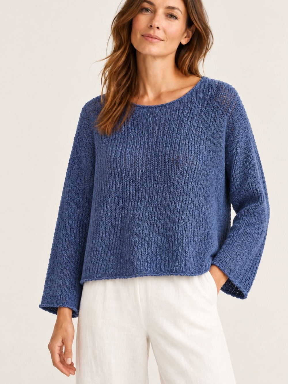 Eileen Fisher Blue Linen Cotton Open Knit Sweater Size M